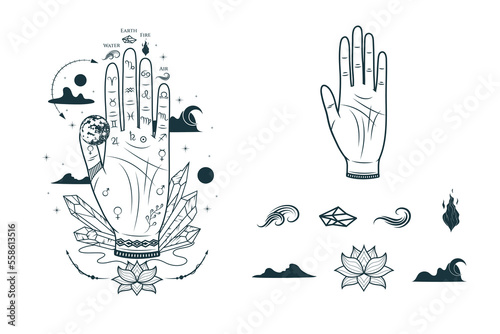 Celestial hand with planets, clouds, palmistry diagram and signs of the four elements.  Hand drawn symbol  of prediction, fortune telling. Magic mystic vector illustration for esoteric,  witchcraft