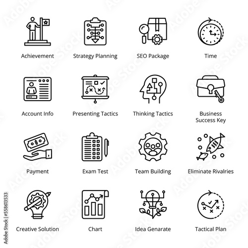 Achievement, Strategy Planning, SEO Package, Time, Payment, Exam Test, Team Building, Eliminate Rivalries, Idea Generate, Tactical Plan, Account Info Outline Icons - Stroked, Vectors