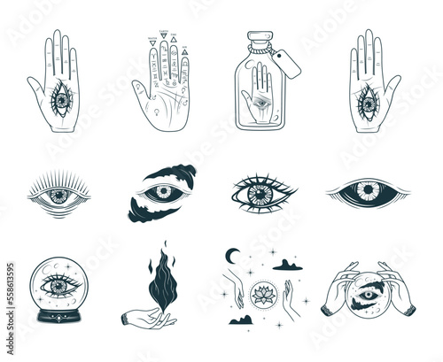 All-seeing eye and palmistry hand collection. Hand drawn isolated set. Vector illustration for spirituality, astrology and esoteric.