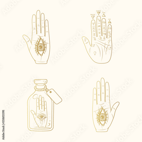 Four golden palmistry hands. Hand drawn esoteric symbols isolated on white background. Vector illustration in boho style.
