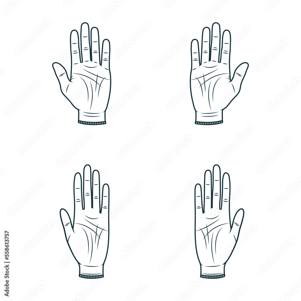 Obraz premium Set of four palmistry hands. Hand drawn vector illustration isolated on white background.