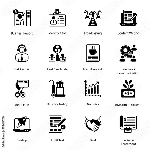 Broadcasting, Content Writing, Debit Free, Delivery Trolley, Graphics, Investment Growth, Deal, Business Agreement, Call Center, Find Candidate, Glyph Icons - Solid, Vectors
