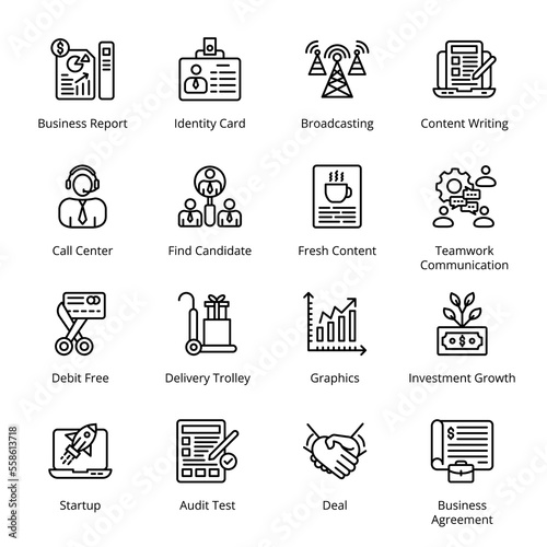  Identity Card, Broadcasting, Content Writing, Debit Free, Delivery Trolley, Graphics, Investment Growth, Deal, Business Agreement, Call Center, Find Candidate, Outline Icons - Stroked, Vectors