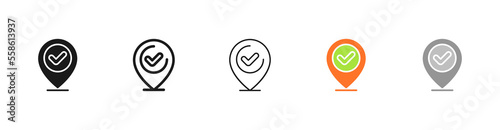 Tick with pointer line . Geolocation, Destination, Route, Map, Location, Navigation, GPS, Cursor, Mouse, distance, walk. Route concept. Vector five icon in different style on white background
