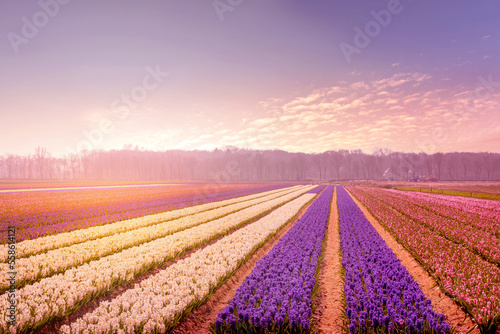 Colorful sunset or sunrise in Netherlands  hyacinth field