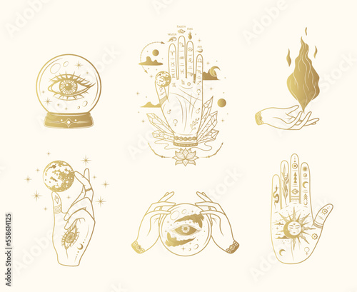 Golden celestial palmistry hands and all-see eyes set. Hand drawn vector illustration for witchcraft, tattoo, stickers and magic shop.