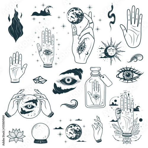 Palmistry Hands isolated set. Hand drawn esoteric occult icons in boho style. Vector illustration for witchcraft, tattoo, stickers and  magic shop.