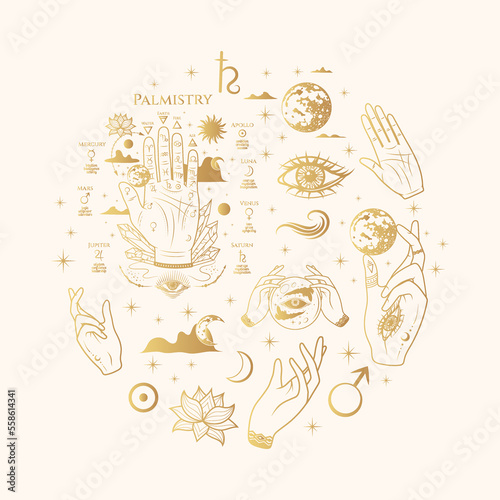 Golden palmistry Hands collection. Hand drawn isolated set of esoteric occult icons in boho style. Vector illustration for witchcraft, tattoo, stickers and  magic shop.