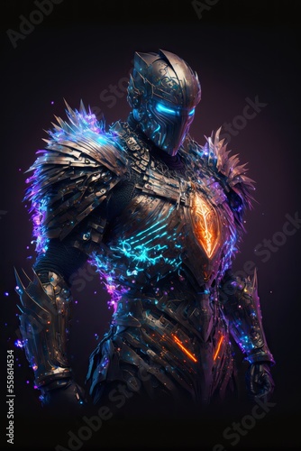 Fantasy suit of armor with orange chest plate ornament. Futuristic concept. Isolated on dark background. Generative ai.