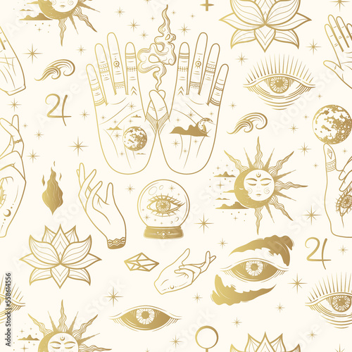 Golden seamless pattern with palmistry hands, all-see eyes and other esoteric symbols. Hand drawn vector illustration for textile, background, texture, wrapping paper, witchcraft and magic shop