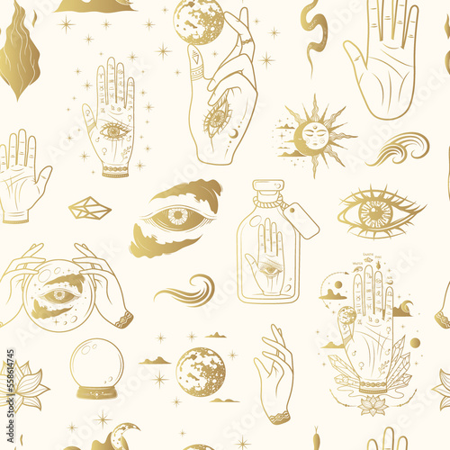 Golden seamless pattern with palmistry hands, all-see eyes, mystic jar and other esoteric symbols. Hand drawn vector illustration for textile, background, texture, wrapping paper, witchcraft and magic