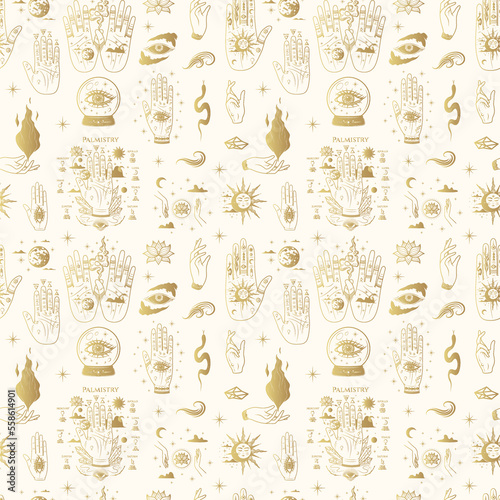 Golden Palmistry hands, all-see eyes and other esoteric symbols. Hand drawn mystical seamless pattern. Vector illustration for textile, background, texture, wrapping paper, witchcraft and magic shop
