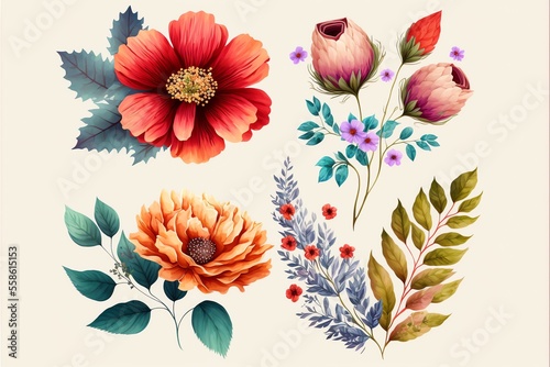 Bouquet of flowers, A group of vivid flowers. Beautiful flower elements. Watercolor illustration © DurffeeMill