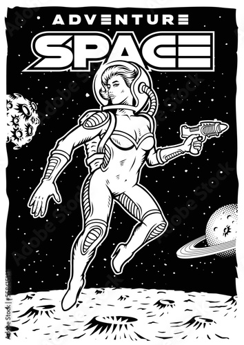 Vintage space poster with pin up astronaut girl and space landscape