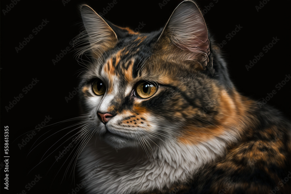Tortoiseshell cat, bicolor female cat, black, orange or other colors. Generative AI.