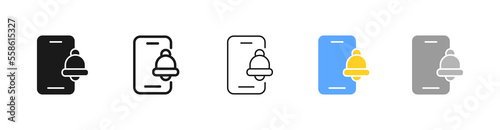 Alarm line icon. Phone with bell, success, important day, event, reminder, refresher, planning, appointment, time management. Prompt concept. Vector five icon in different style on white background