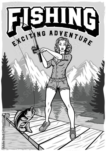 Black and White Pin up girl fishing poster in vintage style