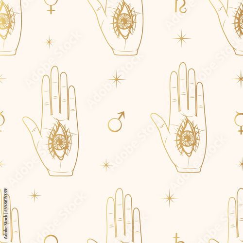 Golden palmistry hand with all-see eye seamless pattern. Contemporary vector illustration in boho style for background and wall decor. Trendy texture for print, wrapping and textile.