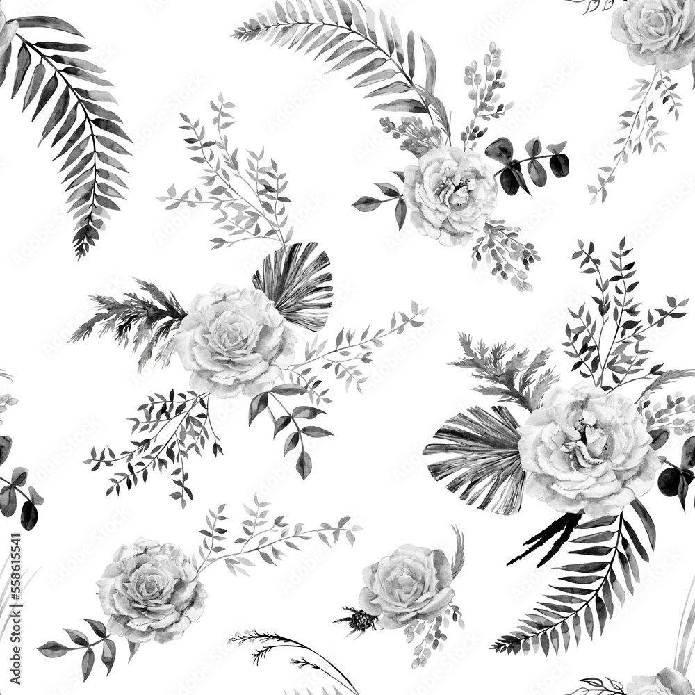 Seamless black and white realistic pattern with watercolor roses and sprigs for textile
