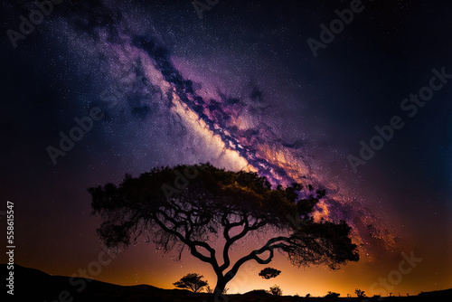 long exposure shot of a tree silhouette with the milky way. Generative AI