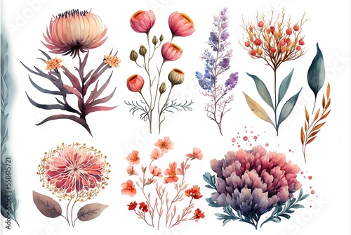 Fototapeta Naklejka Na Ścianę i Meble -  Bouquet of flowers, A group of vivid flowers. Beautiful flower elements. Watercolor illustration