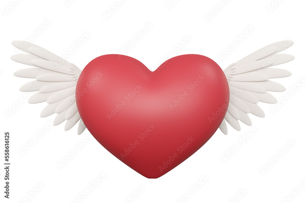 3d rendering red heart with white wings 3d rendering red heart with white wings