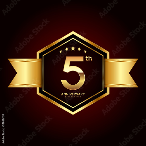 Logo design with emblem style for 5th anniversary celebration event. Logo Vector Illustration photo