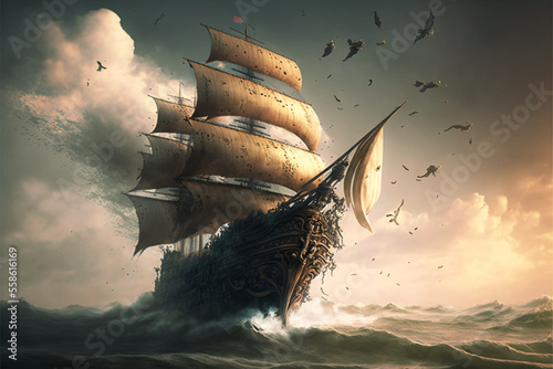 Flying Dutchman, ghost ship. A legend that exists throughout the world. Generative AI.