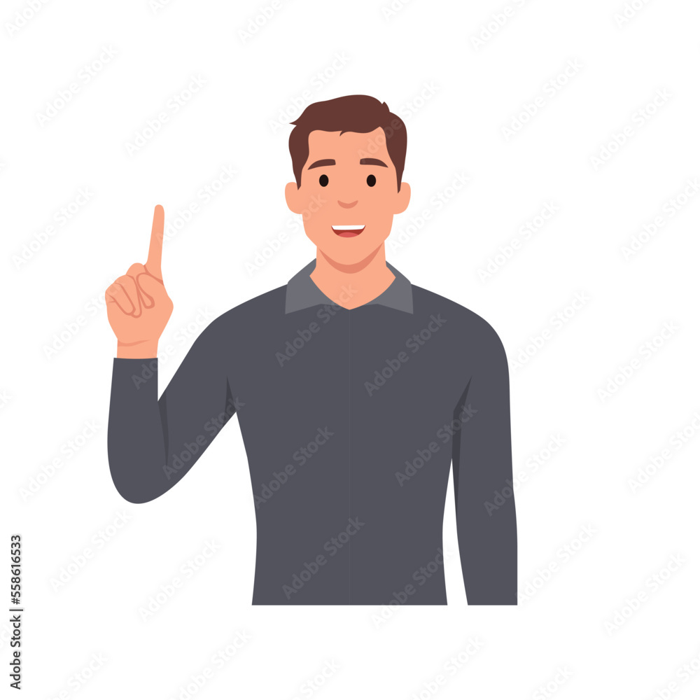 Young man Character raise his hand to show the count number 1. Flat vector illustration isolated on white background Young man Character raise his hand to show the count number 1. Flat vector illustration isolated on white background