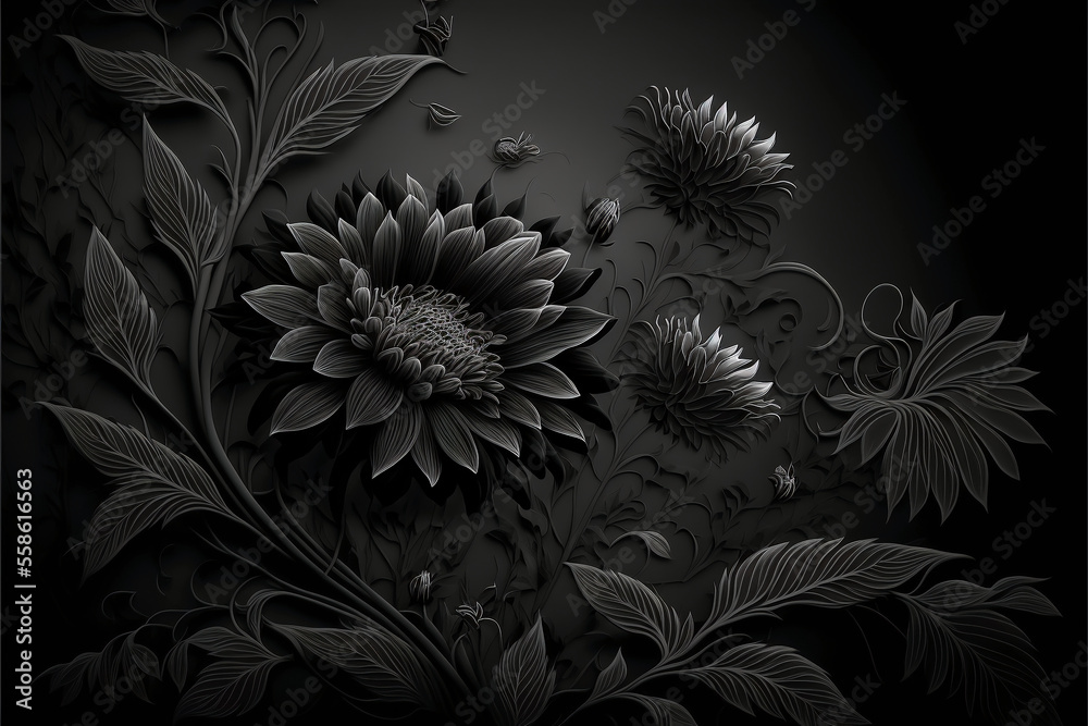 Flowers background, black color. Generative AI. Flowers background, black color. Generative AI.