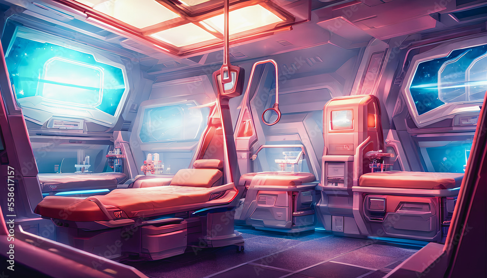 Painting depicts a futuristic hospital where mysterious medical procedures are being carried out. Generative AI