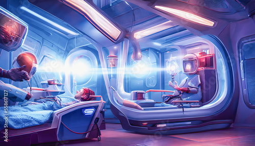 Painting depicts a futuristic hospital where mysterious medical procedures are being carried out. Generative AI