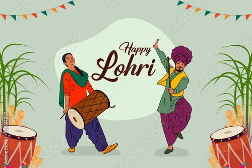 Happy Lohri calligraphy with Punjabi couple dancing and Indian Punjabi festival background vector for banner design, social media post, and invitation card design.