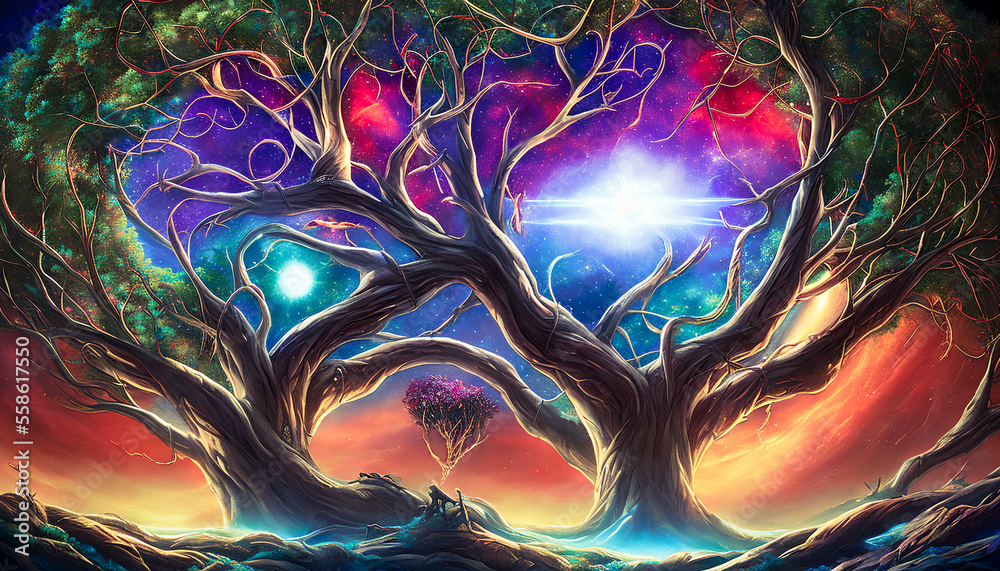 Obraz premium Abstract depiction of trees against a backdrop of a galactic sky, with an ethereal and otherworldly quality. Generative AI