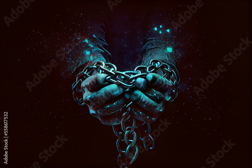 Human hand are chained in chains isolated on black background.	 photo