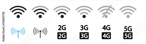 Wi-Fi icon. Wireless and Wi-Fi signal icon. Wifi and wireless signal icon symbol. Set of sign for connect of network. Wi-Fi signal strength. Level signal sign. Vector illustration.