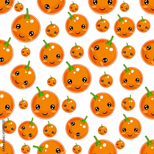 Cute Orange fruits seamless pattern with cheerful face on white background. Orange fruits caracter illustration. vector illustration