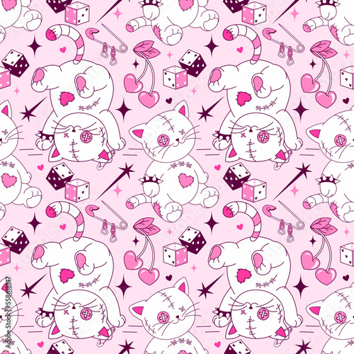 Pink seamless pattern with goth teddy kittens. Cute, glam and creepy girly background. Lovesick teen glamour backdrop with emo stuff, hearts and toys.00s, 90s concept of wired, spoiled, ragged cats