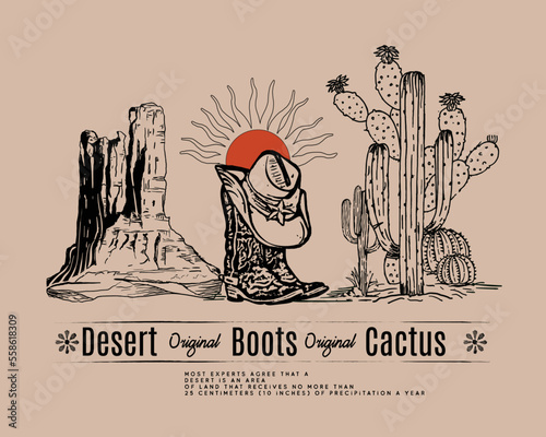 Desert, boots, cactus vector graphic with text prints, Western desert print design for t shirt. Arizona desert vibes vector artwork design.