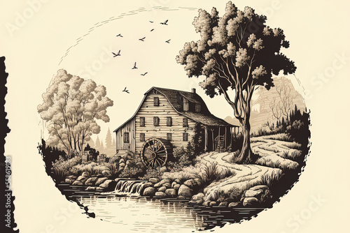 Fotografia Hand drawn peaceful landscape with a watermill and river
