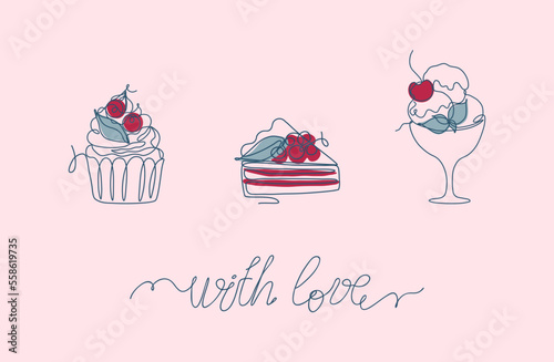 Continuous line set of cupcake, pie and ice-cream on pink background. With love lettering. Romantic vector illustration for restaurants and cafes decoration and holiday design.
