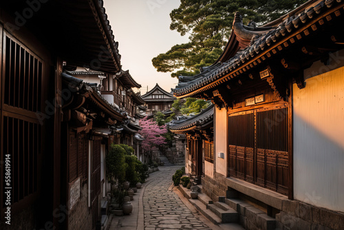 Seoul, South Korea's Bukchon Hanok Village. Generative AI