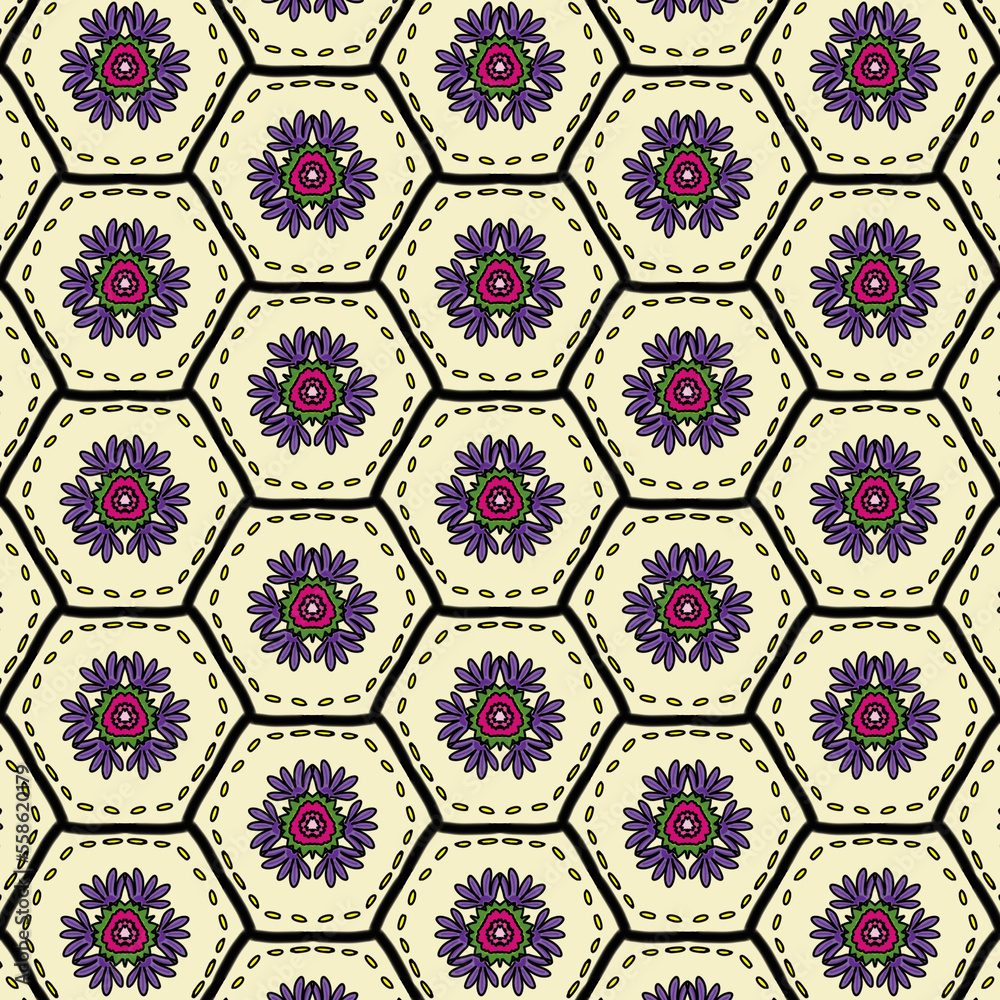 purple flowers in hexagons on light yellow background 