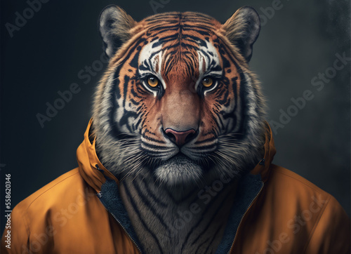 Fotografiet Portrait of a fitness athlete tiger wearing sportswear, generative ai