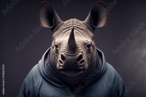 Portrait of a fitness athlete rhinoceroswearing sportswear, generative ai