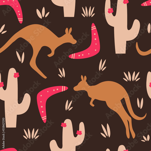 Cute seamless vector pattern background illustration with boomerang  cacti and kangaroo