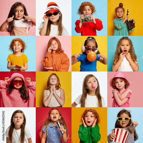 Collage. Portraits of cute emotional girls, children showing different emotions, posing over multicolored background. Diverse hobby, fun and game