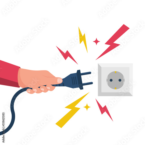 Electric power plug holding in hand. Unplug, and plugged in the wall socket. Vector illustration flat design. Connecting power plug. Sparks flying from the outlet.