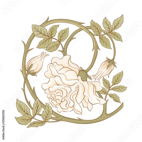 Decorative flowers and leaves in art nouveau style, vintage, old, retro style. Clip art, set of elements for design Vector illustration.