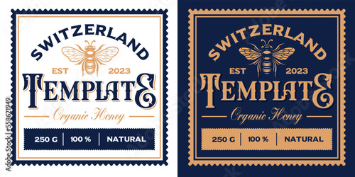Vector honey label template in vintage style with logo bee, this design can be used as a template for a honey package